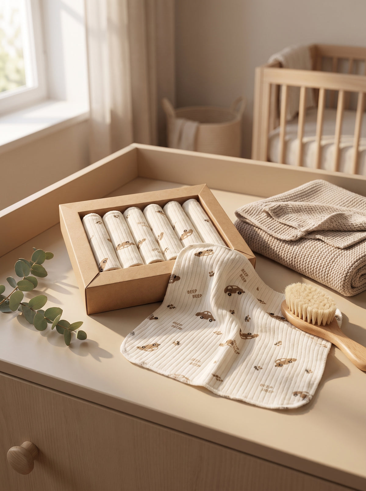 NOYAMIO® %100 Organik Pamuklu 'BEEP BEEP' Desenli 7'li Bebek Ağız ve Bakım Mendili Seti