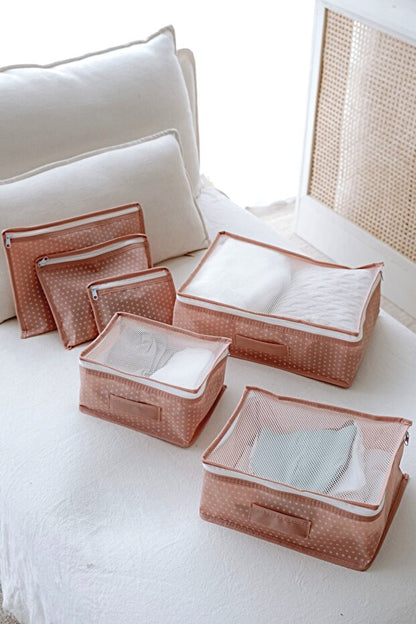 NOYAMIO® 6'lı Bebek Hastane Çıkış ve Seyahat Çanta Düzenleyici Set | Pembe Puantiyeli