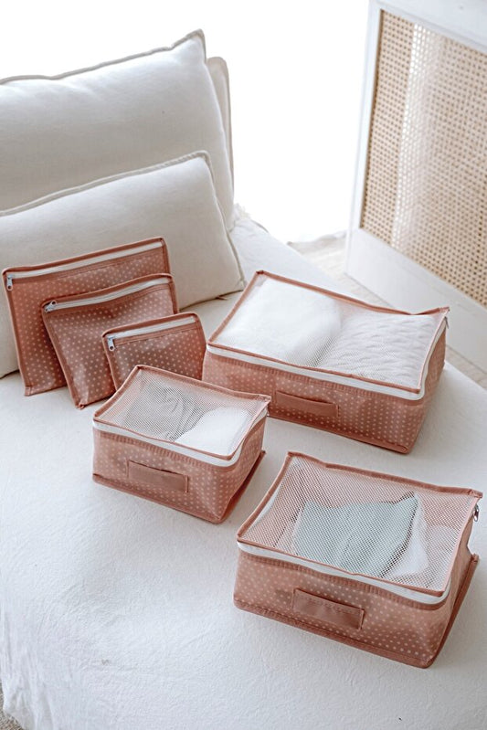 NOYAMIO® 6'lı Bebek Hastane Çıkış ve Seyahat Çanta Düzenleyici Set | Pembe Puantiyeli