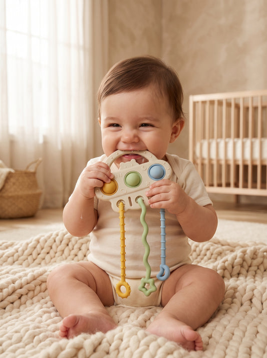 NOYAMIO® Montessori Çekmeli ve Pop-It'li Duyusal Silikon Diş Kaşıyıcı
