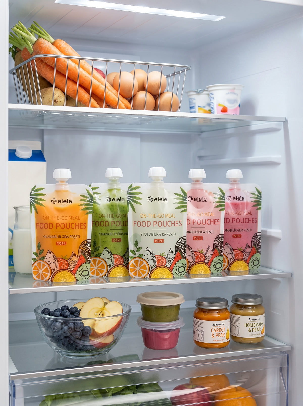 NOYAMIO® 6'lı Bulaşık Makinesinde Yıkanabilir Çift Kilitli Bebek Mama ve Gıda Poşeti Seti (150 ml)