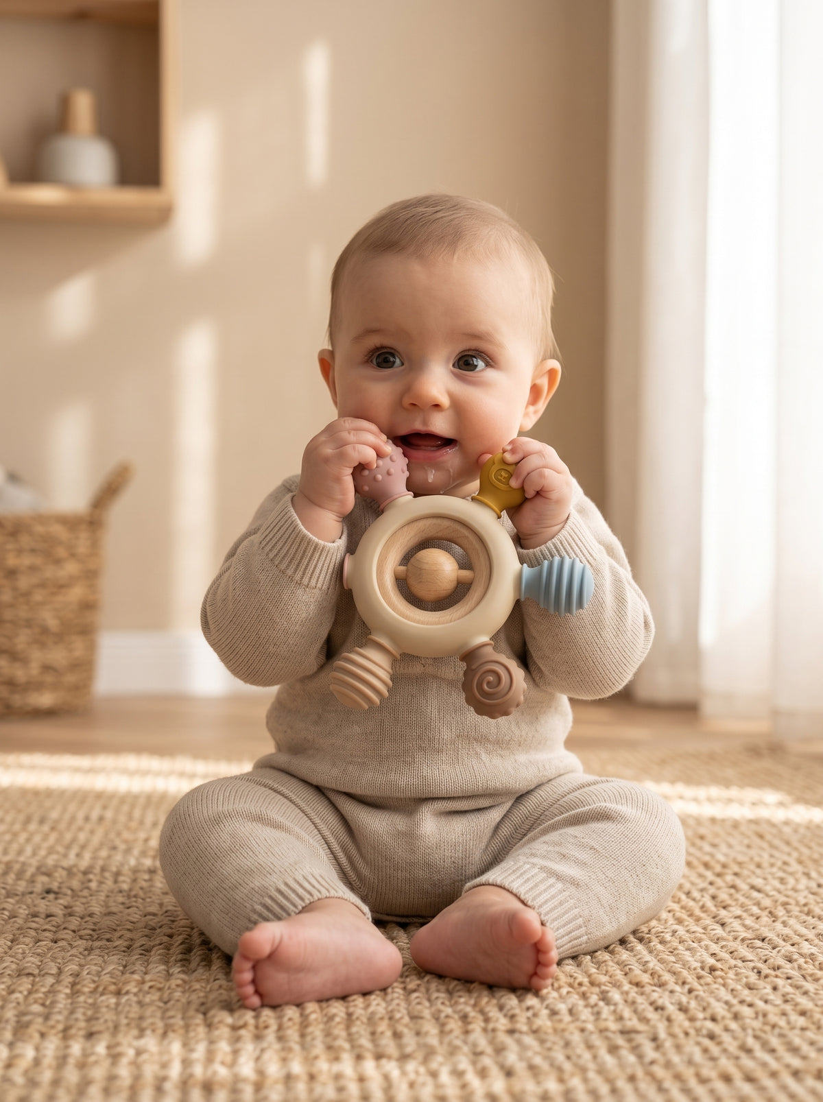 NOYAMIO® Ahşap ve Silikon Çok Yönlü Montessori Diş Kaşıyıcı ve Çıngırak