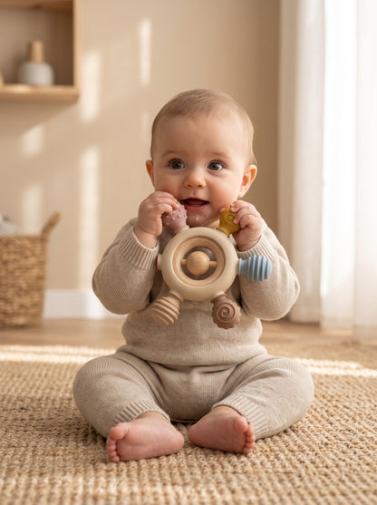 NOYAMIO® Ahşap ve Silikon Çok Yönlü Montessori Diş Kaşıyıcı ve Çıngırak
