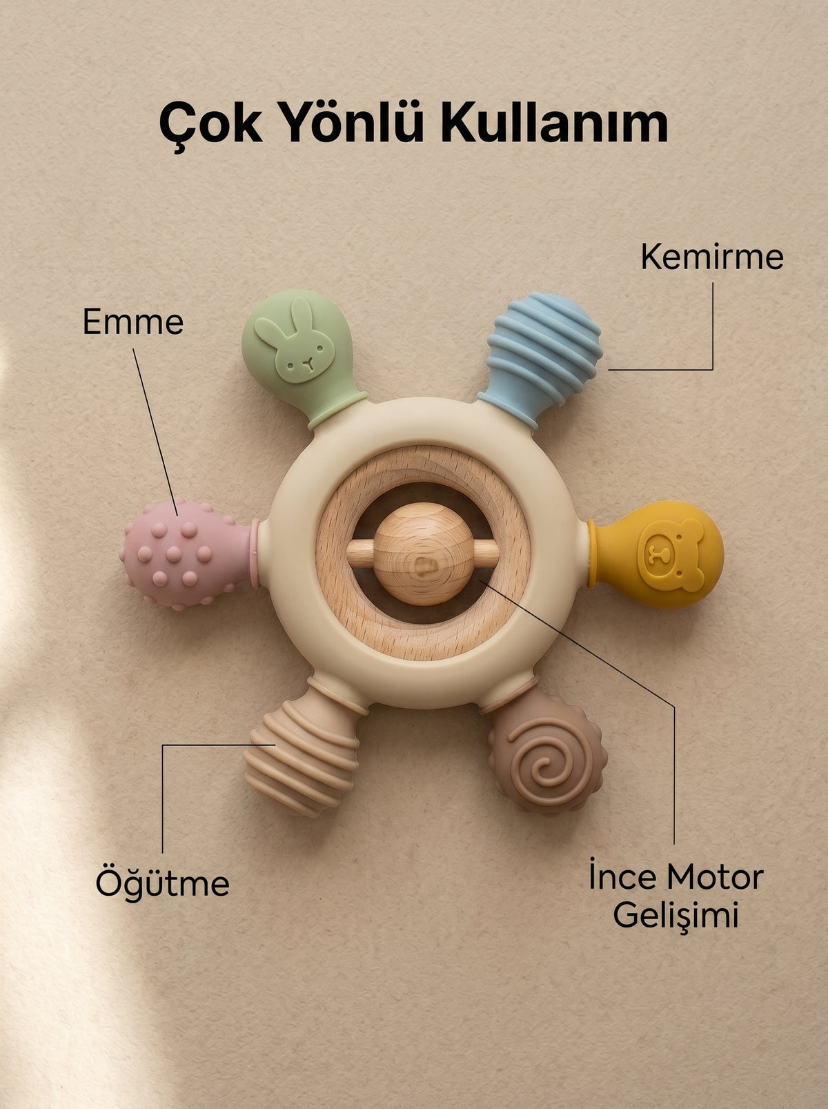 NOYAMIO® Ahşap ve Silikon Çok Yönlü Montessori Diş Kaşıyıcı ve Çıngırak