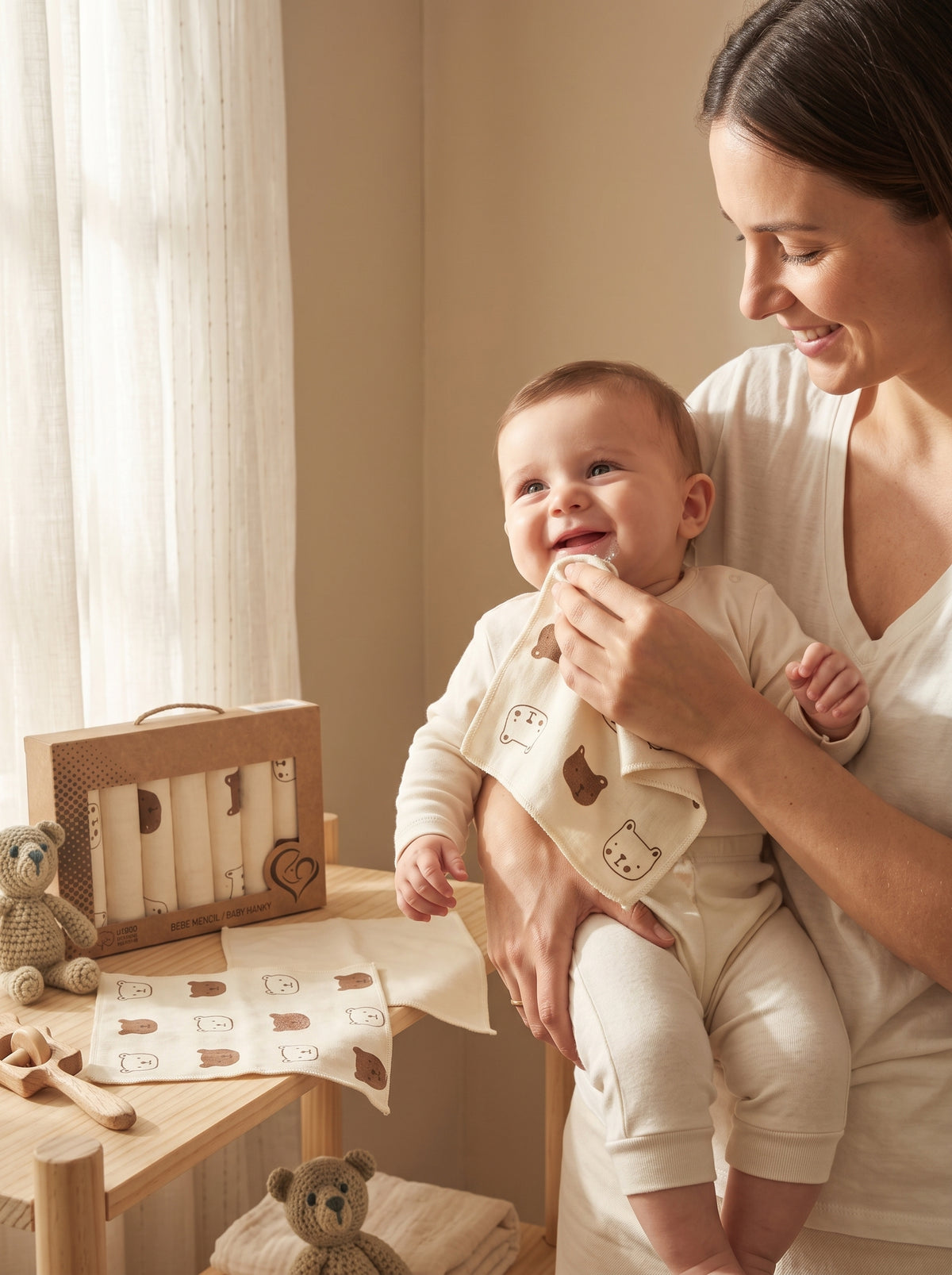 NOYAMIO® %100 Pamuklu Ayıcık Desenli 7'li Bebek Ağız ve Bakım Mendili Seti