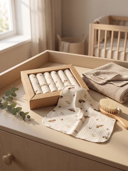 NOYAMIO® %100 Organik Pamuklu 'BEEP BEEP' Desenli 7'li Bebek Ağız ve Bakım Mendili Seti