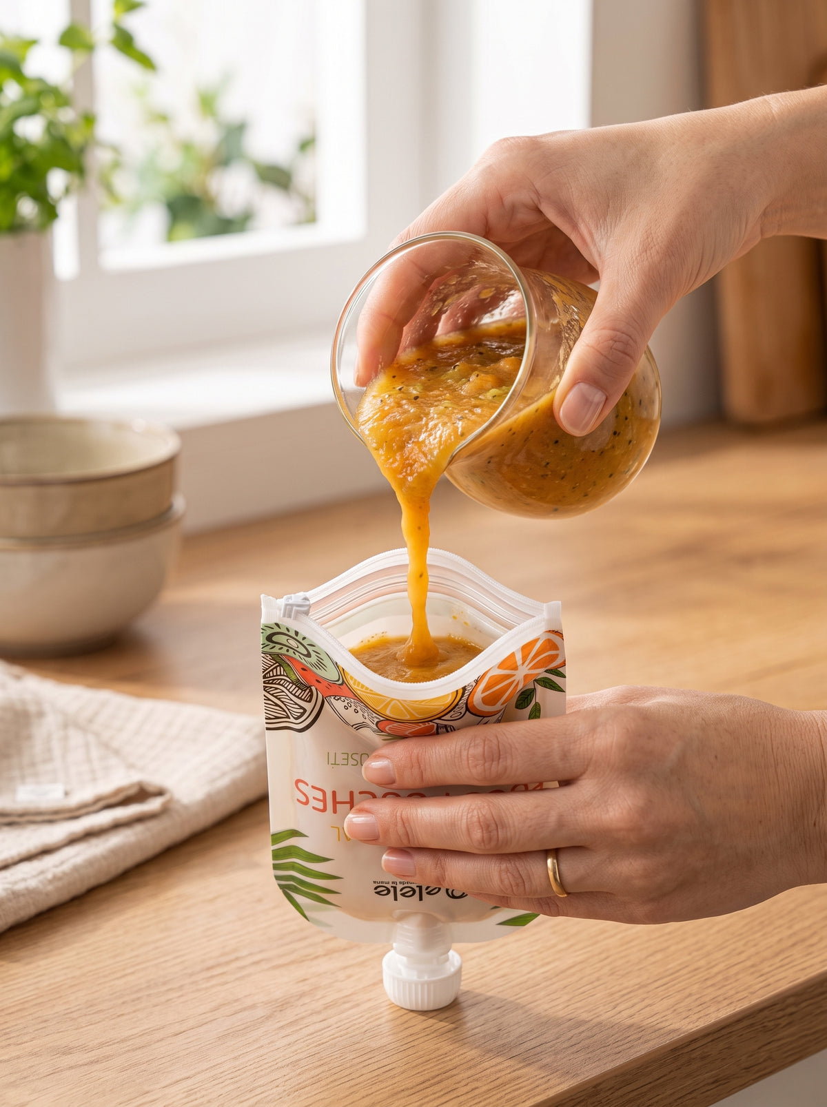 NOYAMIO® 6'lı Bulaşık Makinesinde Yıkanabilir Çift Kilitli Bebek Mama ve Gıda Poşeti Seti (150 ml)